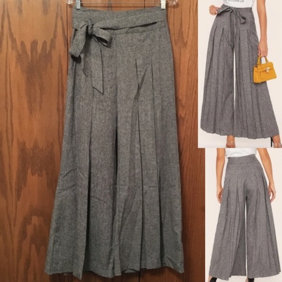 SHEIN Pants - SHEIN Gray Pleated Palazzo Dress Pant with Matching Tie Belt, NWOT, Small